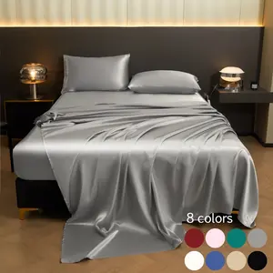 4pcs Silky Satin Bed Sheet Set, Solid Color Fitted Sheet, Flat Sheet & Pillowcases, Cooling Soft Skin-Friendly Bedding, Dustproof and Stain-Resistant Mattress Cover for Bedroom, Dorm and Hotel