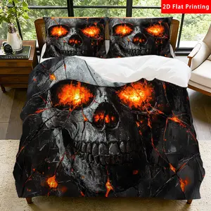 2/3 Pcs 2D Flat Skull with Fiery Eyes Duvet Cover Set Skull Bedding Set Quilt Cover 1 Duvet Cover + 1/2 Pillowcases Skull Top Sheet Decorative Bedding Bedroom Decor
