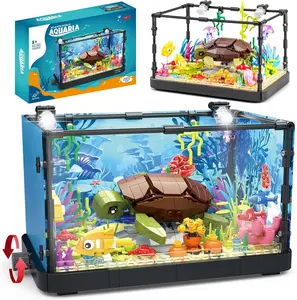 Springtok Fish Tank Building Set Compatible with Lego Sets for Adults Lighting Aquarium Building Block Toys Educational Gift for Boys Girls Age 8-14 Including Marine Turtle, Fish, Benthic Flora 753pcs - Turtle