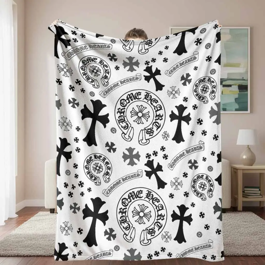 Gothic Cross Flannel Blanket Throw - Flannel Fabric, Black White Vintage Floral Cross Motif, Fading Resistance, Soft Cozy Lightweight Warm Plush Texture, Decorative Blanket for Living Room, Home Decor Gift, 30×40 inch/76×101cm (Mini) Multi-Size