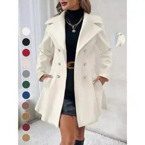 Women's Solid Double Button Pocket Overcoat, Casual Long Sleeve Lapel Neck Outerwear for Fall & Winter, Clothes Daily Wear, Clothing Women, Cute Tops, Jackets Women Elegant White Womenswear Gamis Basic Chic