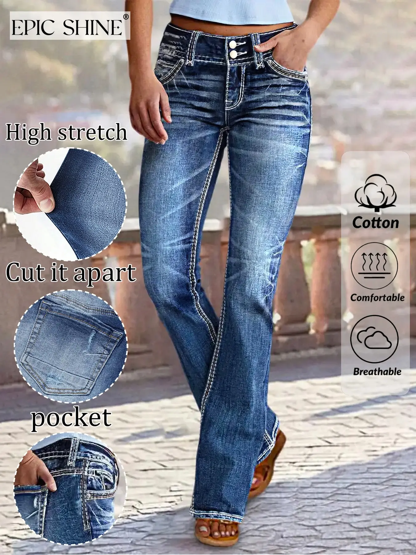 Women's Mid-Waist Button Fly Jeans, Fashion Casual Jeans, Slim-Fit Striped Denim Jeans, High Elasticity, Casual & Formal Wear, All-Season Comfort, Pants, Womenswear