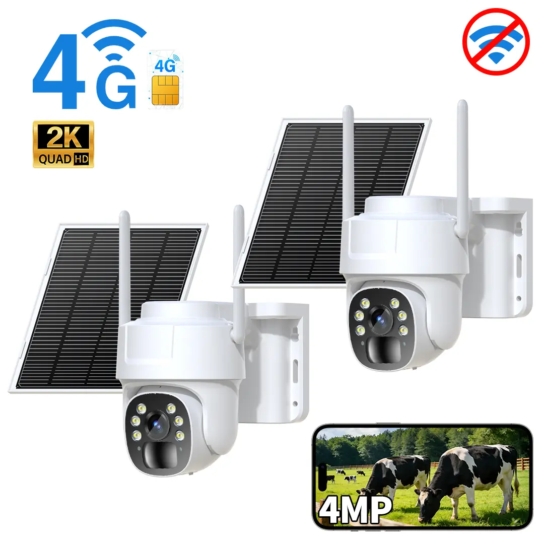 [2-Pack] 4G LTE Solar Cellular Outdoor Security Cameras, No WiFi Needed, Wireless Rechargeable with eSIM, Night Vision, PTZ Live View, Motion Detection, 2-Way Talk, Micro Speaker, Local Protection, for Farm, Remote Areas
