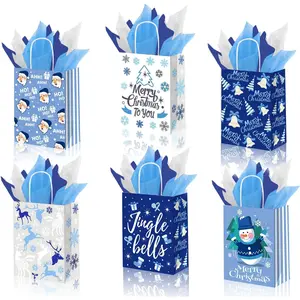 12 Pack Blue Christmas Gift Bags, Small Christmas Gift Bags With Tissue paper, Christmas Bags for Gifts, 6 Designs Christmas Kraft Paper Bags, Xmas Gift Bags with Handles