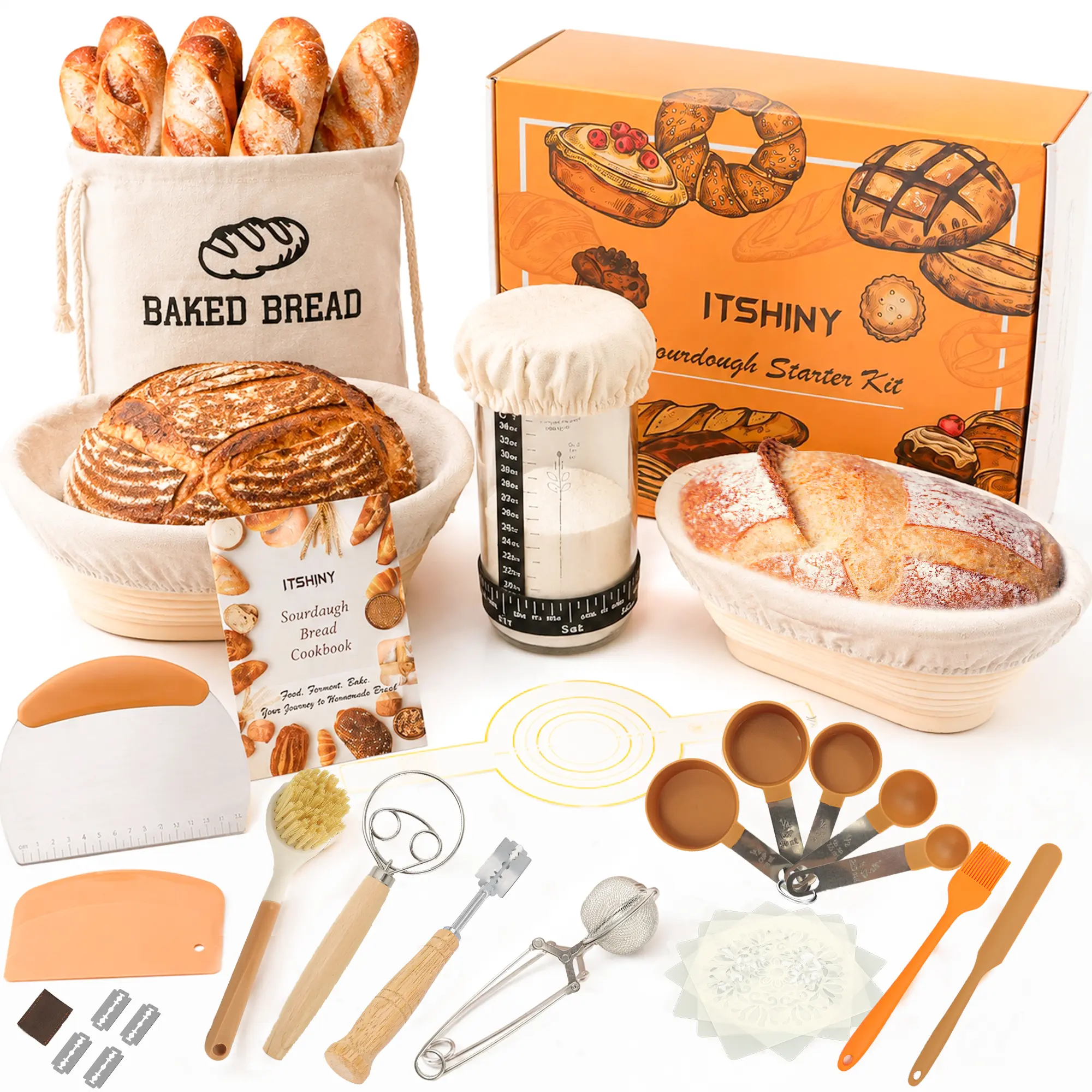 Sourdough Starter Kit with Silicone Banneton Baskets (Round & Oval), Dough Whisk, Scrapers, Stencils, Bread Sling,24 oz Starter Jar, Dough Whisk & Complete Bread Baking Supplies – Perfect Gift for Beginners
