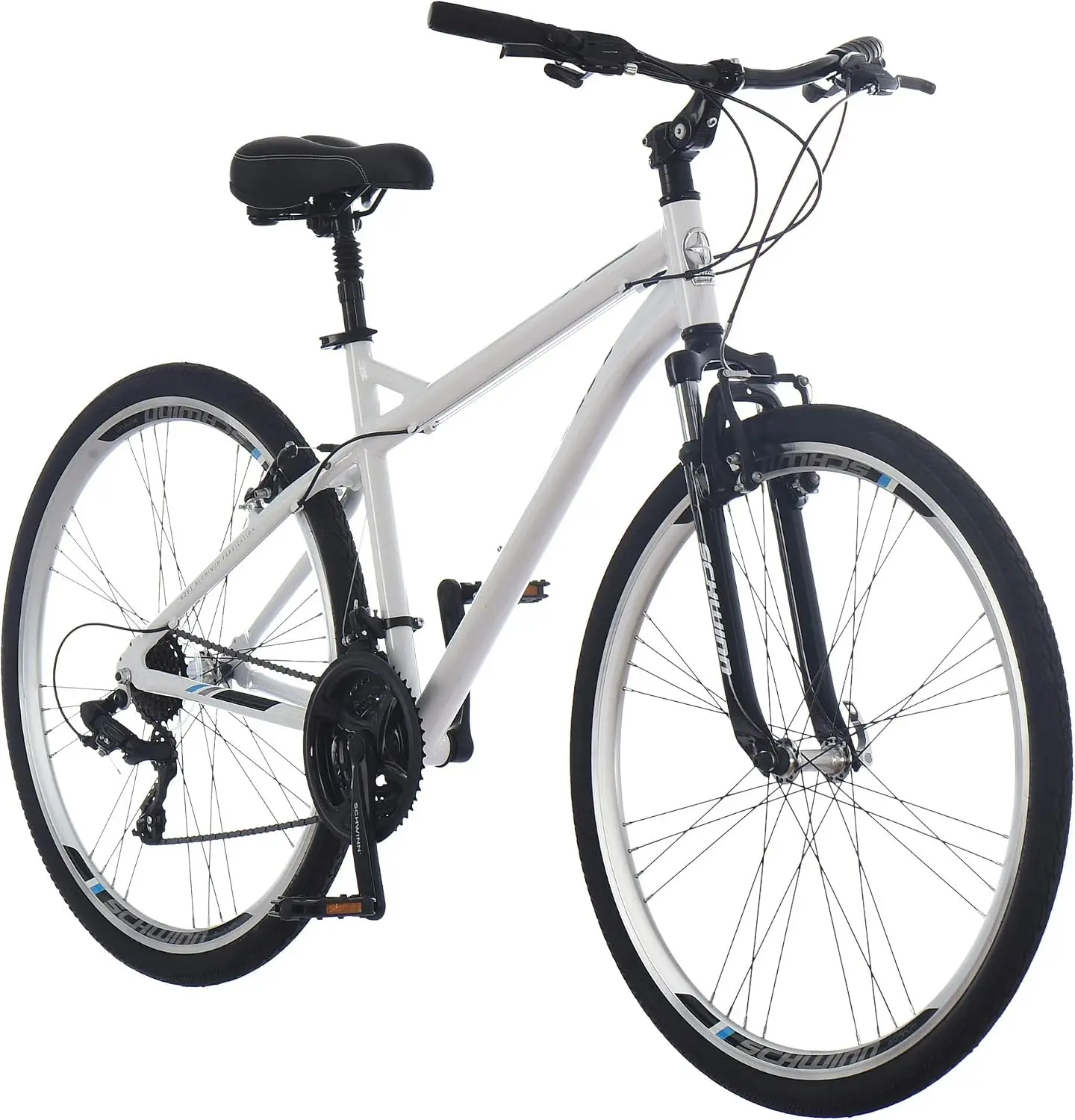 BCSCDSSchwinn Network 3.5 Hybrid Bike, Mens and Womens Bike, 21-Speed Hybrid Bicycle, Aluminum Frame, Suspension Seat, Alloy Linear Pull Brakes, Adult Bicycle