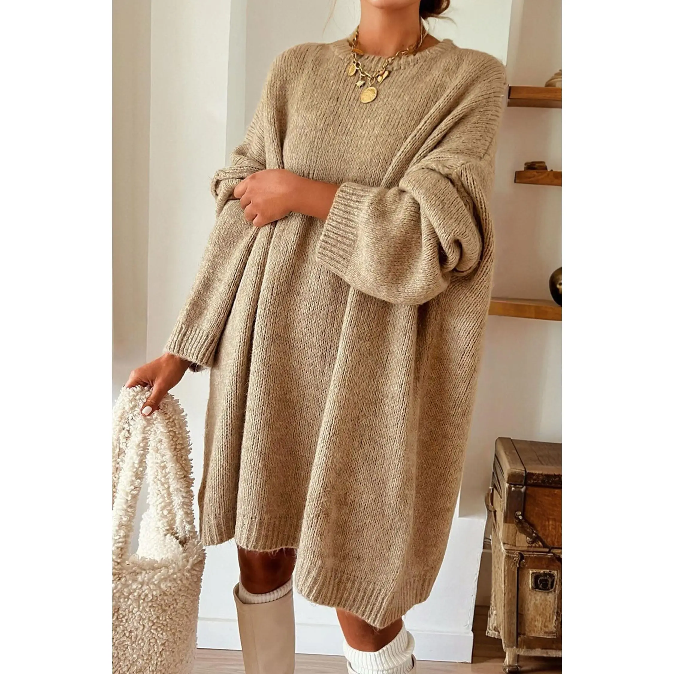 Pale Khaki Exposed Seam Drop Shoulder Oversize Sweater Mini Dress