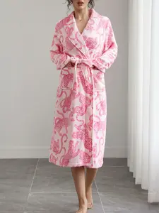 Women's Plush Flannel Robe, Leopard Print, Soft Fabric, Long Sleeve V Neck, Warm Home Wear, Loungewear, Casual Outdoor Use