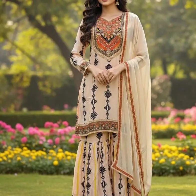 Premium Crape Digital Print 3-Piece Suit Set - Neckline with Elegant Handwork, Flowy Sharara, Soft Pure Chiffon Dupatta - Lightweight, Graceful for Festive, Special Occasions