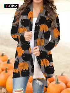Women's Halloween Cat Pumpkin Print Soft Knit Cardigan, Casual Loose-Fitting Sweater for Spring & Fall, Cute Autumn Winter Fashion Knitwear Tops