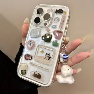 DIY Cute Fun Cartoon Cat Resin Decal + Adorable Hanging Charm 2-in-1 Transparent Protective Cellphone iPhone Case Cover for iPhone 17/17 Pro/17 Pro Max/17 Air/16 Pro Max/16 Pro/16/15/14/13/12/11 Series Adorable Hanging Charm