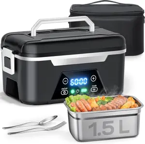 Cordless Heated Lunch Box For Adults, 1.5L (6 Cups) Rechargeable Electric Lunch Box Battery Powered With Scheduled Heating, Automatic Heating,Portable Food Warmer With Insulated Bag (Black)