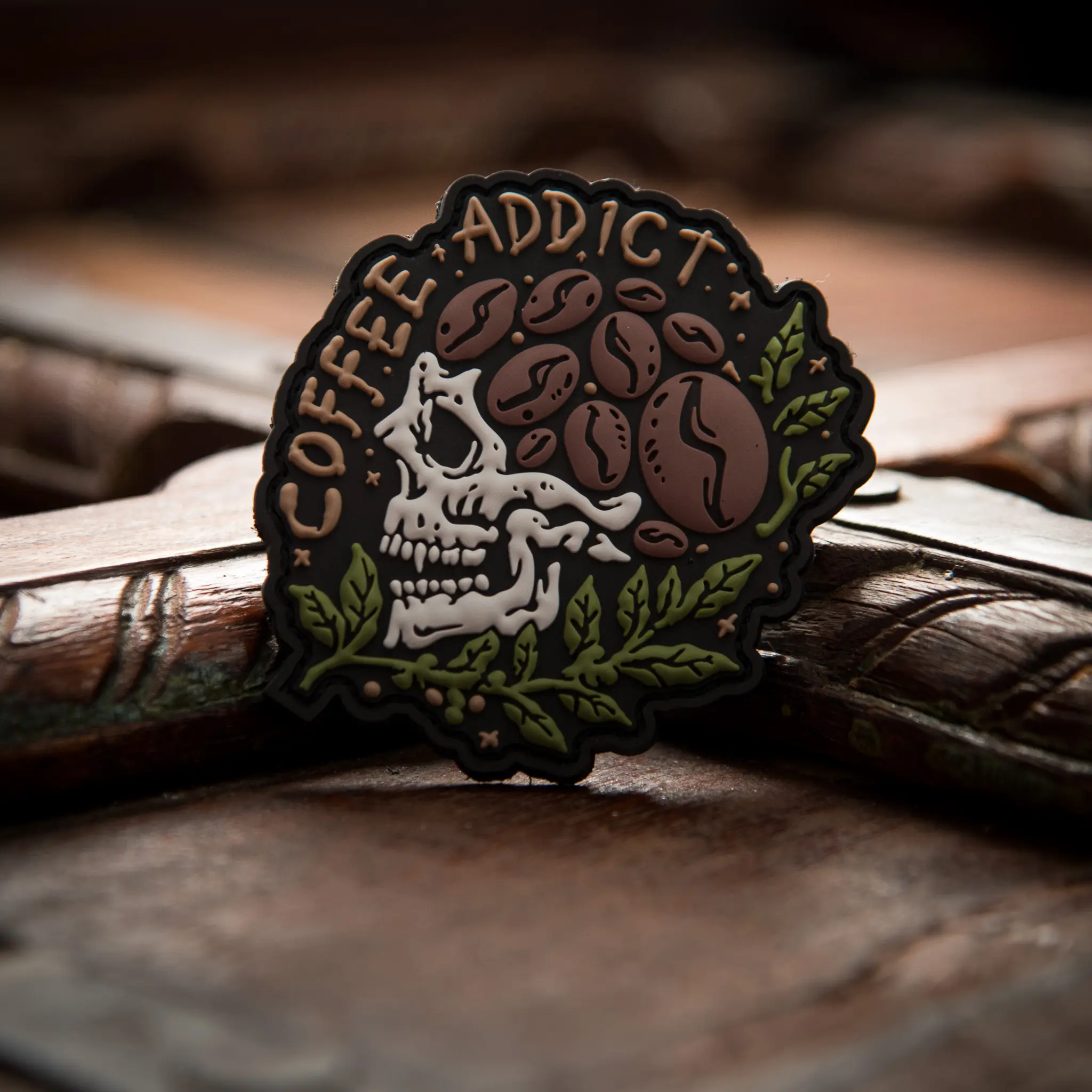 Caffeine & Mortality PVC Patch | Coffee Addict Skull Patch | Waterproof Hook & Loop Coffee Lover Collectible
