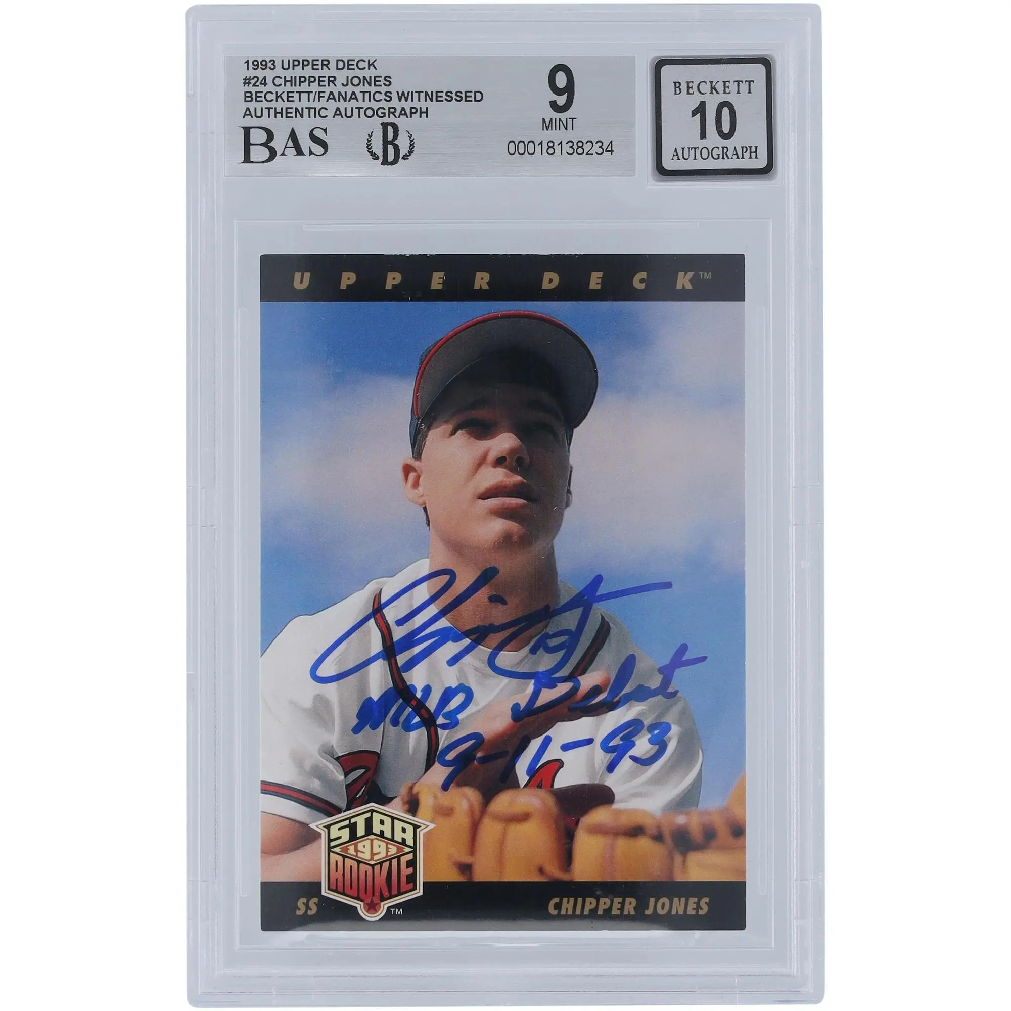 Chipper Jones Atlanta Braves Autographed 1993 Upper Deck #24 Beckett Fanatics Witnessed Authenticated 9/10 Rookie Card with "MLB Debut 9-11-93" Inscription - Fanatics Authentic Certified