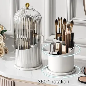 2Pcs Makeup Brush Holder Organizer with Clear Lid 360 Rotating Sliding Opening Dustproof Brushes Container for Vanity