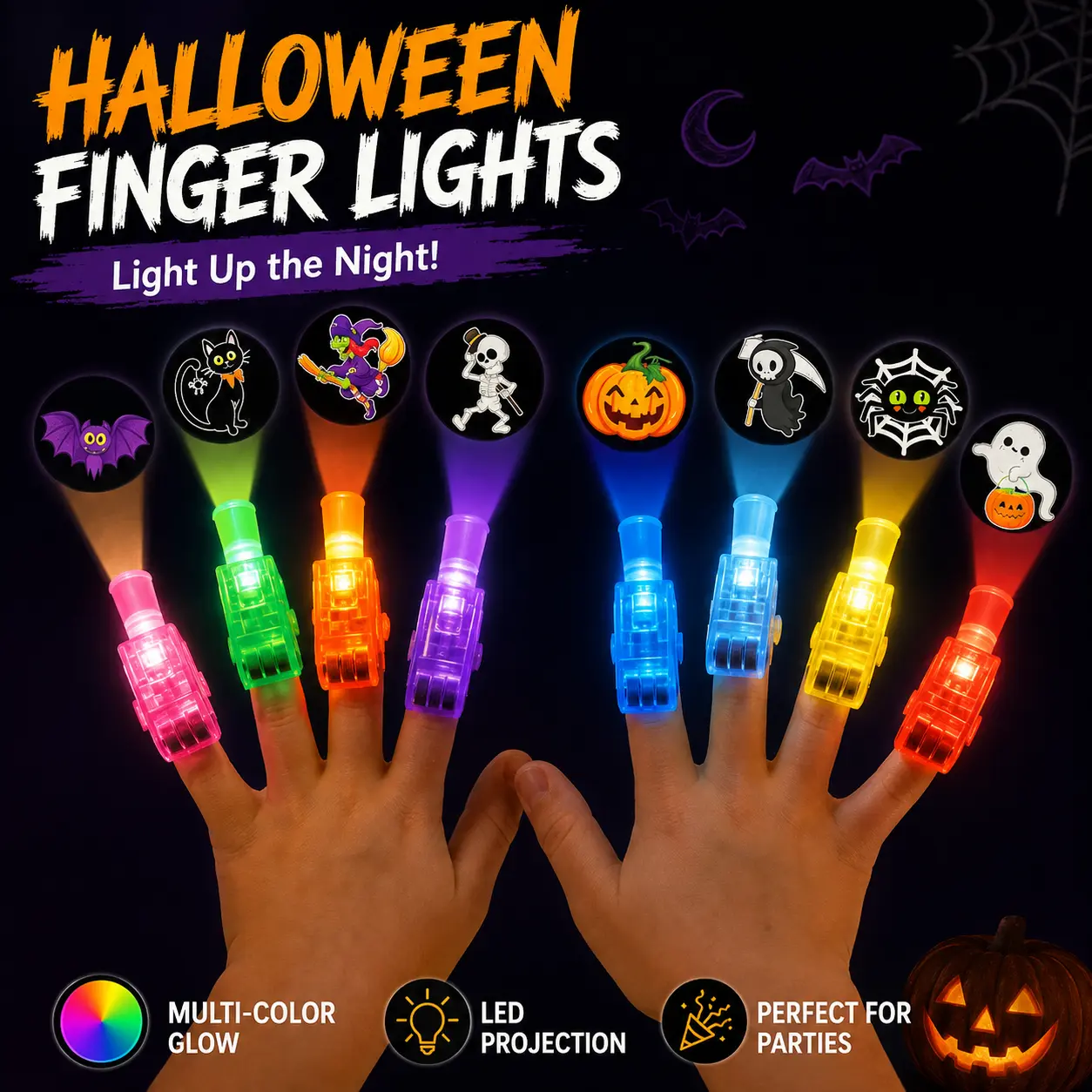 Halloween LED Projection Finger Lights 8pcs/16pcs/24pcs/32pcs , Multi-Color Light Up Finger Projectors with Pumpkin, Ghost, Witch, Bat Cartoon Patterns, Halloween Trick or Treat Goodie Bag Fillers, Night Party Ambient Decor Supplies