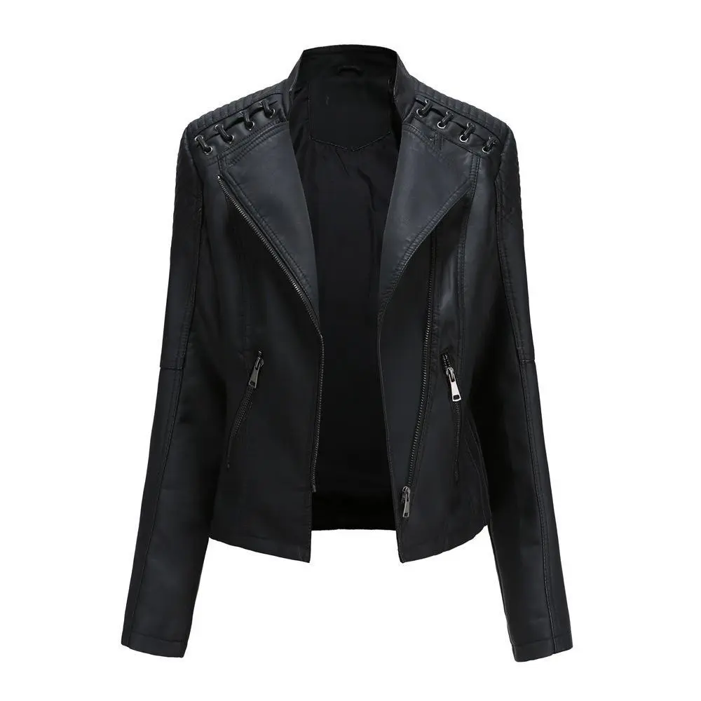 BIGWIG Comfortable and warm women's motorcycle jacket, punk style cropped top with zipper, faux leather jacket, vintage leather jacket, PU jacket, slim-fit top