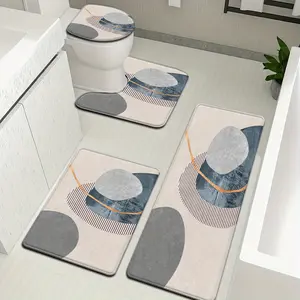 3pcs/4pcs Simple White Background Irregular Rhombus Black Half-Circle Pattern Bathroom Mat Set, Highly Absorbent, Includes U-Shaped Toilet Pad Suitable for Kitchen, Bathroom Decor, Bath Mat, Bedroom Rug, Outdoor Entrance Carpet, Laundry Area Rug