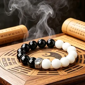 Tai Chi Bagua Beaded Bracelet for Men and Women, Black and White Yin and Yang Charm, Spiritual Feng Shui Jewelry for Wealth and Peace, Yin And Yang Bracelets & Bangles