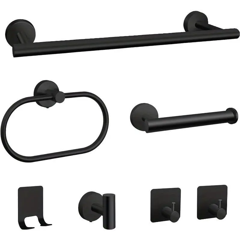7pcs Bathroom Hardware Set, Matte Black Stainless Steel Bathroom Tower Rack Set Wall Mounted Includes 16" Towel Bar, Toilet Towel Paper Holder, Towel Ring, 4 Robe Towel Hooks