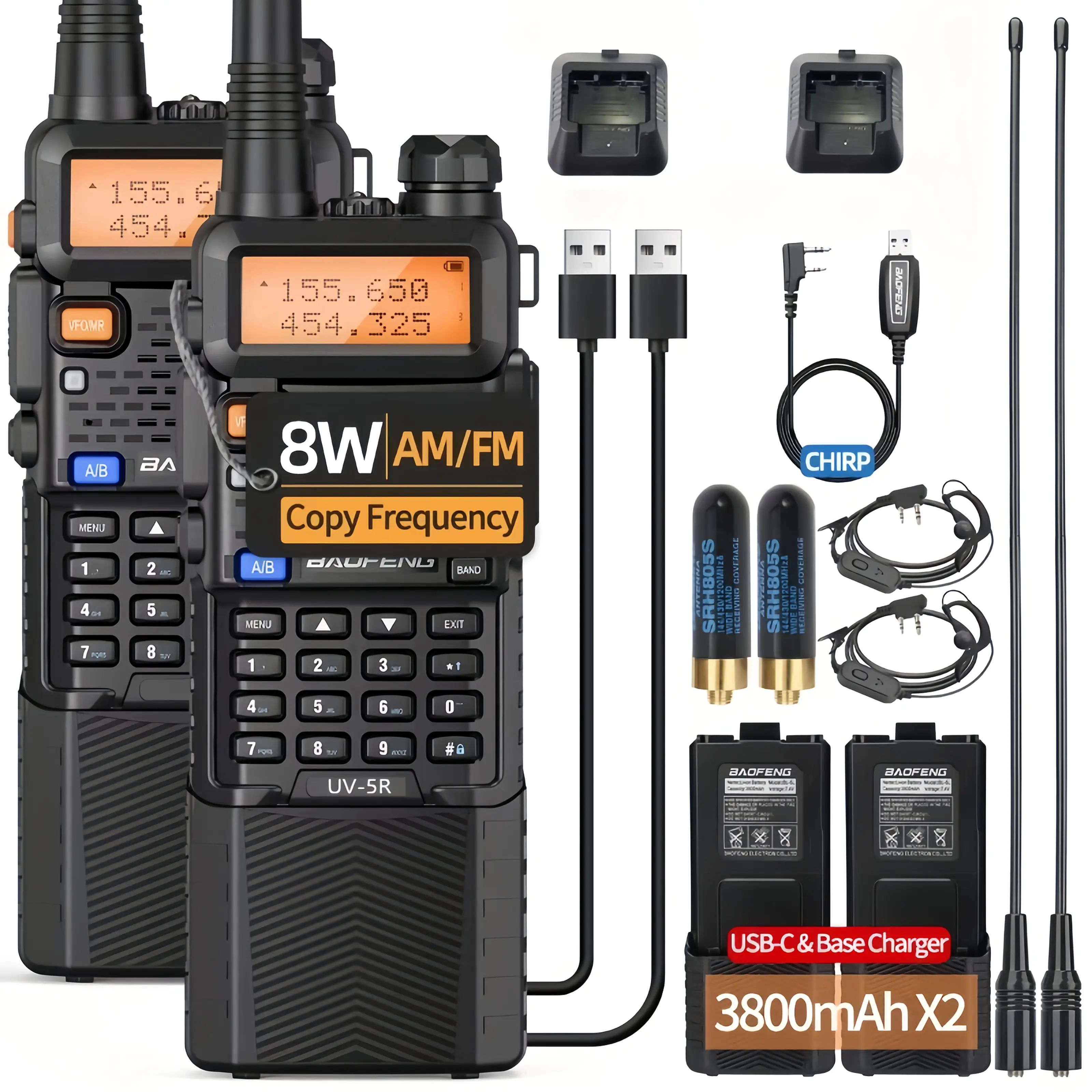 BAOFENG UV-5R Walkie Talkie, VHF/UHF Dual-Band Radio Transceiver with 128 Channels, FM Radio, CTCSS/DCS, Compact Durable Design for Ham Enthusiasts, Outdoor Activities