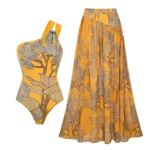 FLAXMAKER Women's One Shoulder Yellow Plant Print One Piece Swimsuit and Matching Cover Skirt Set Swimdress Stylish Beachwear Bathing Suit SpringStatements Swimwear Coverups