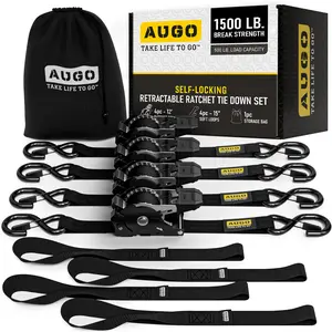 AUGO Self-Locking Retractable Ratchet Straps 4 Pack 1500Lb Break Strength 12 Ft Webbing with Soft Loops & Storage Bag for Motorcycle Truck Cargo