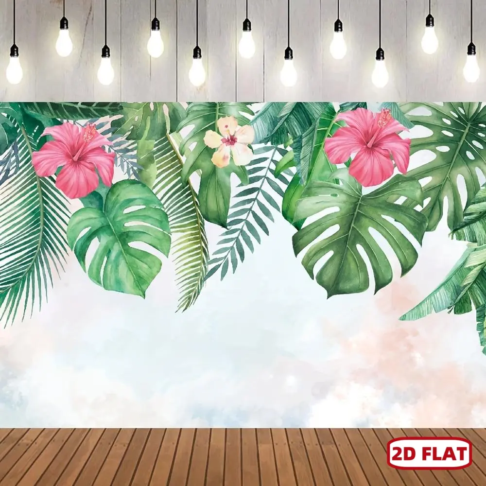 1pc 2D Flat Tropical ployester Backdrop Banner, Hawaiian Theme Green Leaves & Flowers, Multipurpose Room & Garden Decor for Birthday, Bridal, Baby Shower, Bachelor Party - No Electricity Needed Ornaments