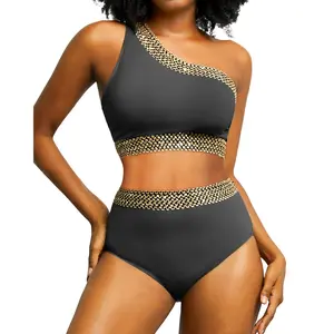 Tempt Me Women Black High Waisted Bikini Set - One Shoulder Two Piece Swimsuits Full Coverage Bathing Suits Swimwear