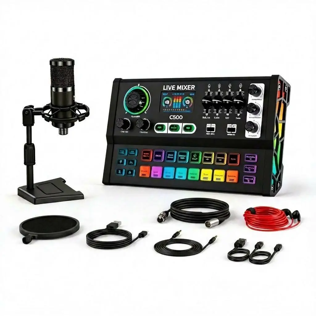 Hosabely C500 professional audio expert sound card for high/mid/low frequencies with precise independent adjustment and an AI smart singing mode that eliminates vocals with one click. Mixer , studio-grade computer re Recording Noise