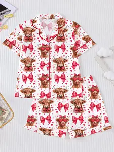 Heart Bow Highland Cow Short Sleeve Pajama Set, Cute Cartoon Baby Homewear, Fire Retardant Button-Up Shirt & Loose Shorts