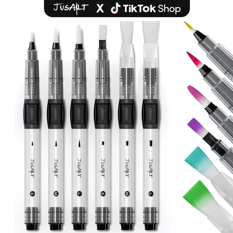 JusArt 6-Pack Leak-Proof Refillable Dual Tip Painter Tool - Pointed&Flat Nylon Bristles, Art Materials, Crafting Supplies, Travel Watercolor Office Art Supplies for Acrylic & Gouache Painters