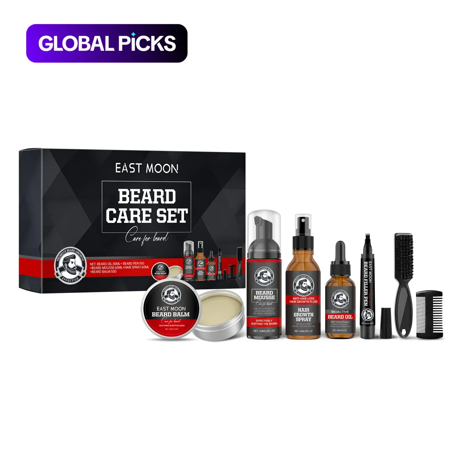 Men's Beard Grooming Kit, Includes Beard Shampoo, Oil, Balm, Hair Growth Spray, Brush & Comb, Thickening & Nourishing, for Daily Use #GLOBAL PICKS
