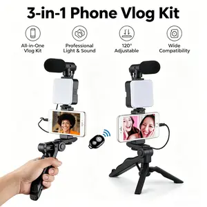 6-in-1 Smartphone Vlog Kit, Video Recording Set with Mini Tripod, LED Fill Light, Microphone & Remote Control, Extensible Desktop & Travel Phone Stand Compatible with iPhone, Android & Camera, Perfect for TikTok YouTube Vlogging, Live Streaming & Content