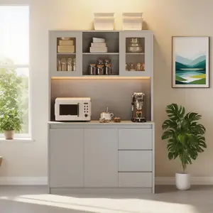 Garvee - 71 Inch High Kitchen Cabinet, Kitchen Storage Closet with LED Lights and Power Outlets, Microwave Stand, Glass Door, Adjustable Shelves, Frameless Design