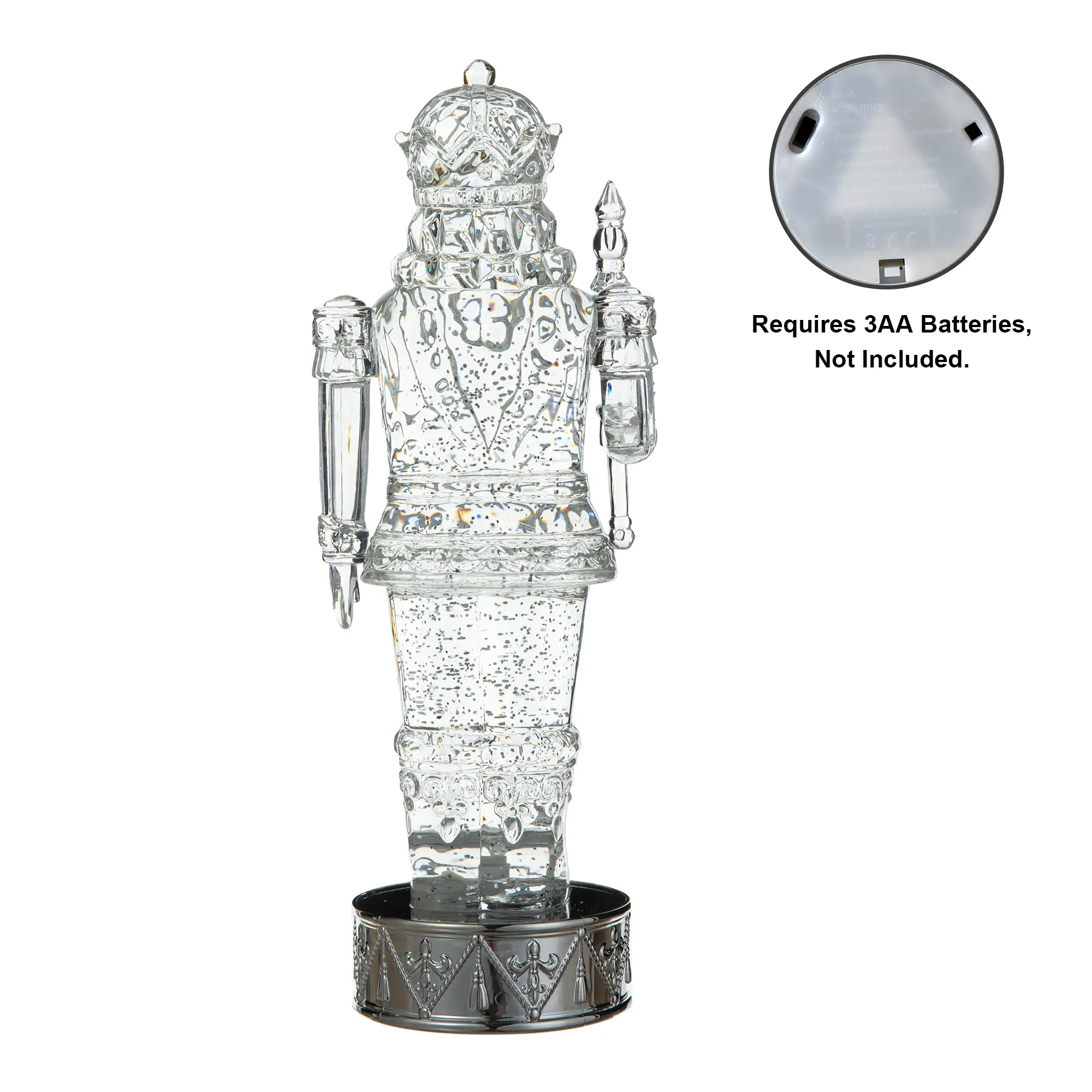 Glitzhome 12.5"H Exquisite Handmade Lighted Acrylic Crystal Nutcracker Figurine Waterglobe - Festive Lights, Timer, Batteries, Swirling Glitter, Christmas Centerpiece, Perfect as Gift, Home Decor Accent