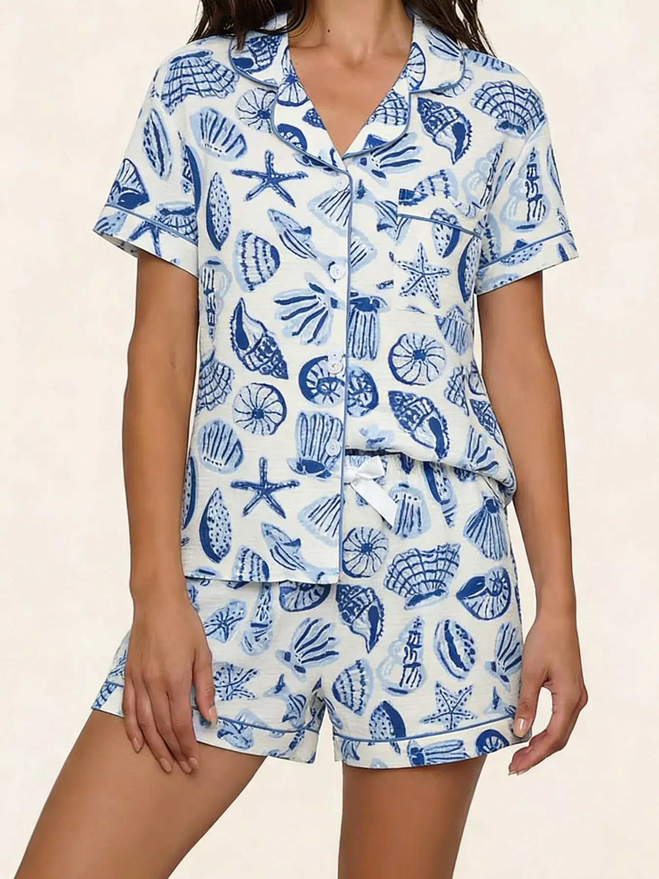 Blue Shell Starfish Print Lapel Short Sleeve Shorts Pajama Set, Womenswear, Loungewear, Bow Design, Aesthetic, Casual Loose Fit, Breathable Home Sleepwear