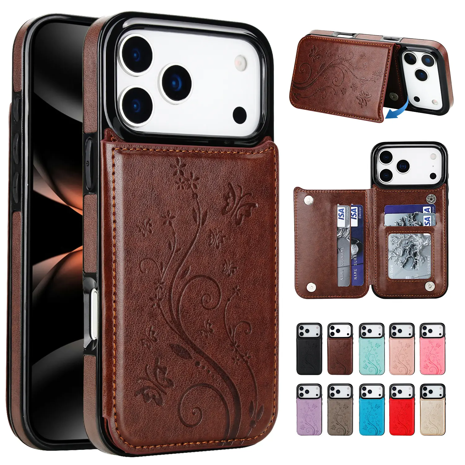 Case For iPhone 17 16 15 14 13 12 11 Pro Max Case Wallet with Card Holder, Embossed Butterfly Premium PU Leather Double Magnetic Buttons Flip Shockproof Protective Case Cover