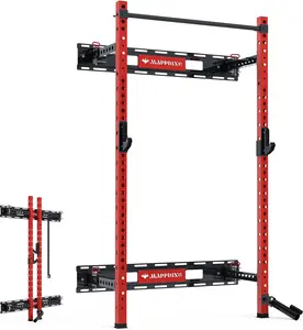Folding Squat Cage Wall Mounted, 1100 LBS Foldable Squat Power Rack Weight Cage with Pull Up Bar