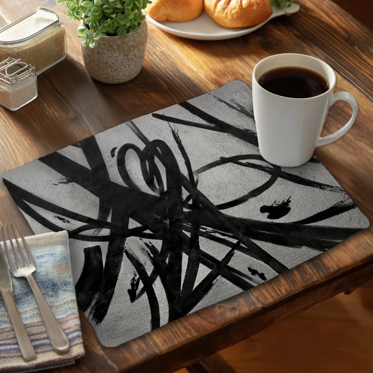 4-Piece Heatproof Durable Round Weave Braided Polyester Placemats - 360 Stand, 14x18 in, Circular Strokes Modern Aesthetic, Indoor/Outdoor Casual Meals Tableware, Coasters Alternative