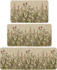 Wildflower Spring Floral Kitchen Mats Set of 3,  Summer Holiday Party Low-Profile Floor Mat for  Kitchen - 17"x29"+17"x36"+17"x47"