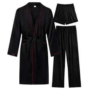 Men's 3-piece satin robe with pants and shorts set, soft fabric, long sleeves, pajamas and sleepwear, elastic and soft design, black casual wearRAIMENTRY