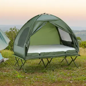 Outsunny 2 Person Foldable Camping Cot with Tent, Bedspread and Thick Air Mattress, 4-In-1 Elevated Camping Bed Tent for Outdoor Hiking, Picnic, Travel