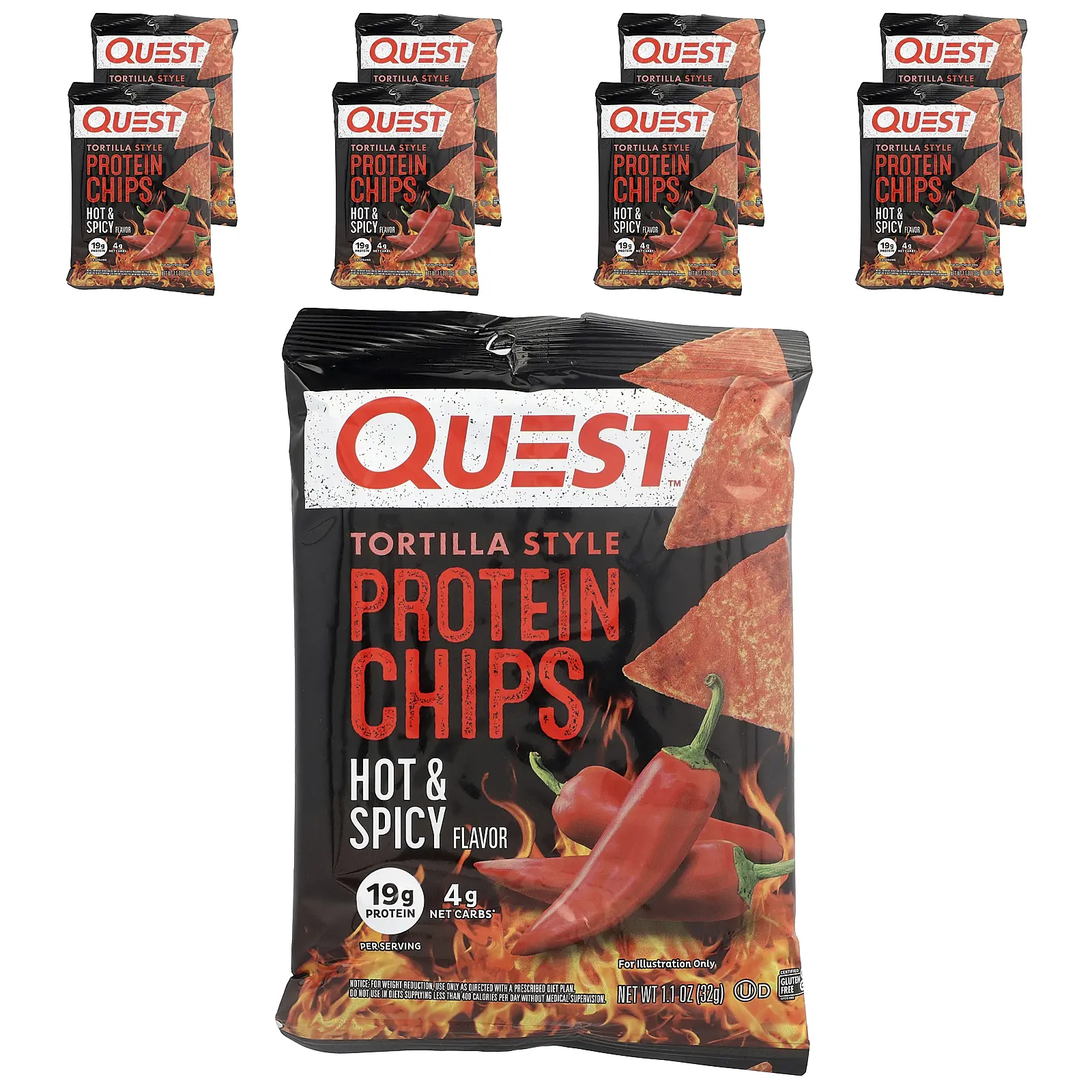 Quest Nutrition Tortilla Style Protein Chips, Hot & Spicy, 8 Bags, 1.1 oz (32 g) Each Quest Nutrition Tortilla Style Protein Chips, Hot & Spicy, 8 Bags, 1.1 oz (32 g) Each