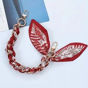 Red Floral Scarf – Stylish Red and White Polyester Spandex Scarf with Golden-Tone Clasp, Handwoven Fashion Accessory for Bags and Phones