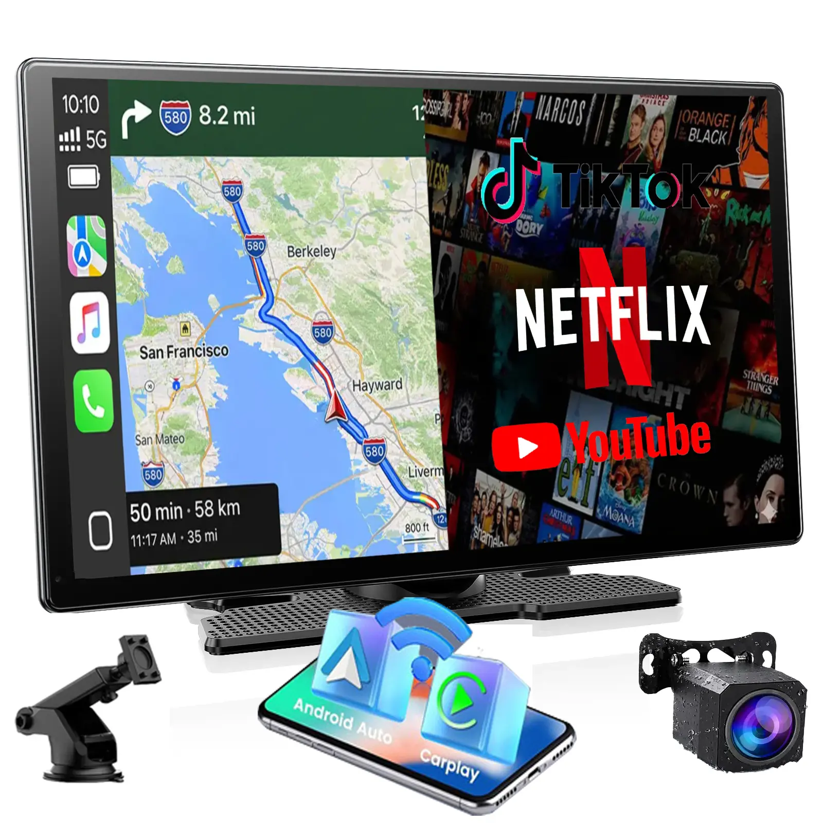 9" Portable Wireless CarPlay Screen for Older Cars | Built-in Netflix/YouTube/TikTok | Includes 1080P Backup Camera | No Modification | Fits 12V-24V Cars, Trucks, SUVs