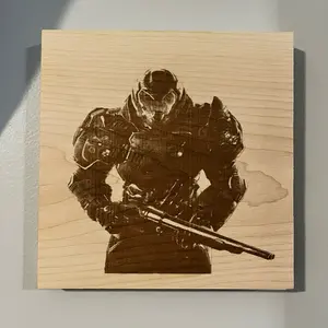 DoomGuy Character Engraved on Wood Wall Art with Command Strips, Original Design, Durable Finish
