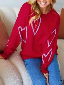 Plus Size Heart Pattern Sweater, Casual Long Sleeve Crew Neck Jumper for Daily Outdoor Wear, Women Plus Clothing for All Seasons