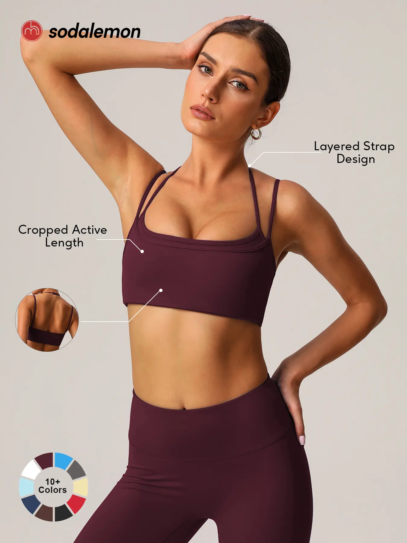 Sodalemon Women double layered-strap scoop-neck yoga sports bra, cropped open-back workout top, outdoor Pilates fitness sports bra