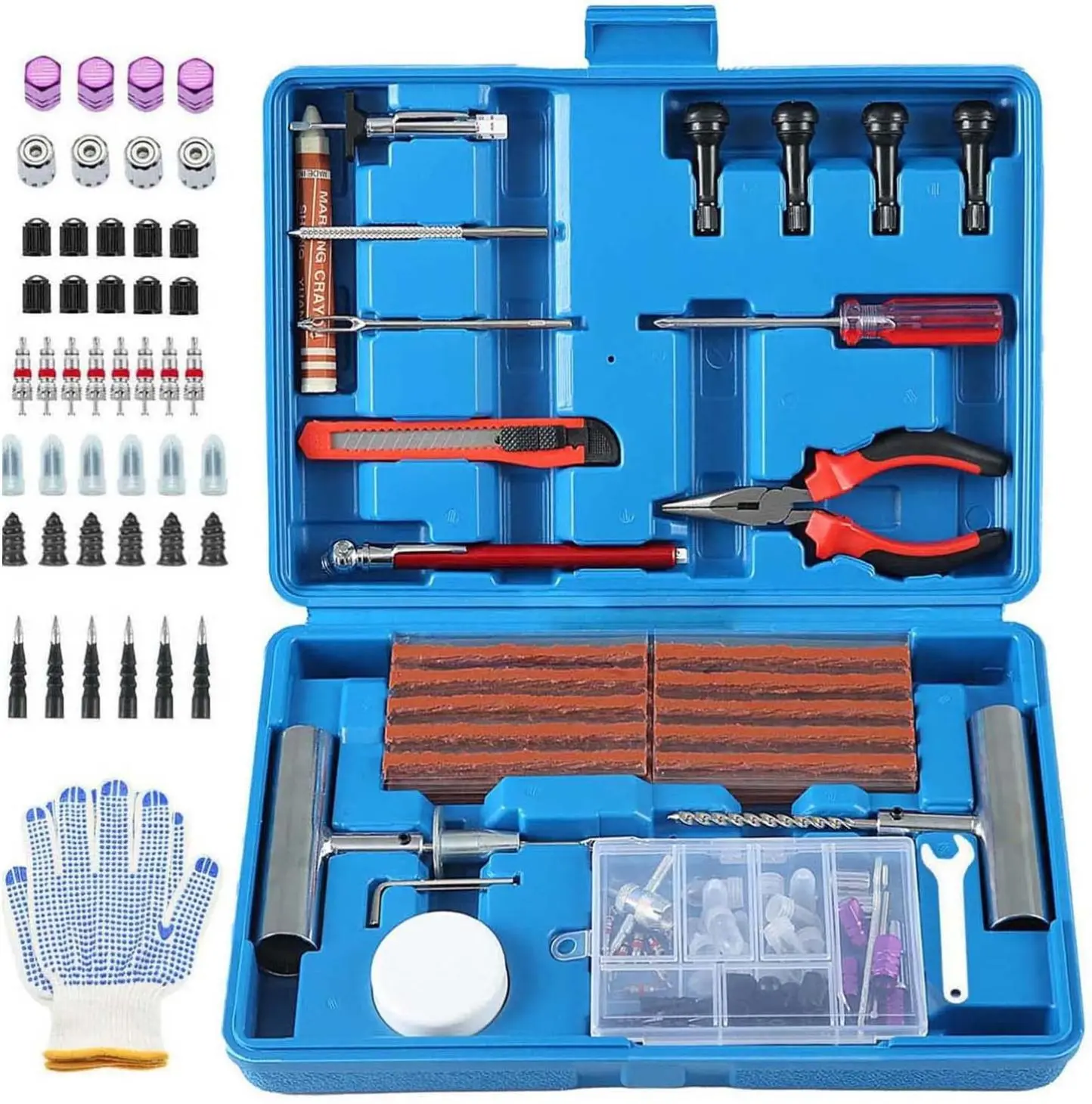 117-Piece Heavy Duty Tire Repair Kit - Flat Plug, Labor-Saving Solid Steel Tools, Universal Fit, Tire Pressure Gauge for Car, Truck Owners
